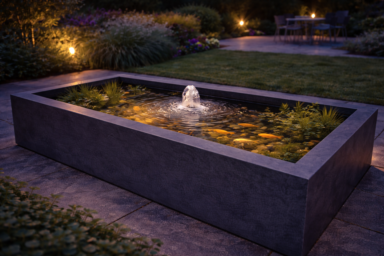 Rectangular water feature with water fountain in a garden setting at night.