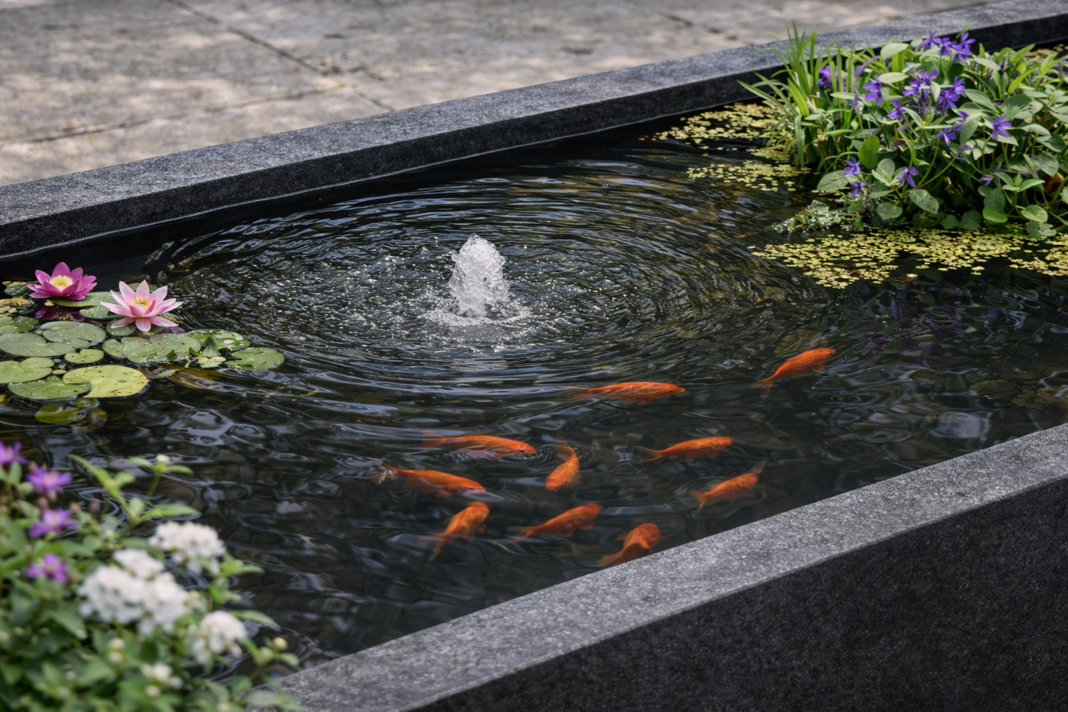Fountain with goldfish and water lilies in a garden setting
