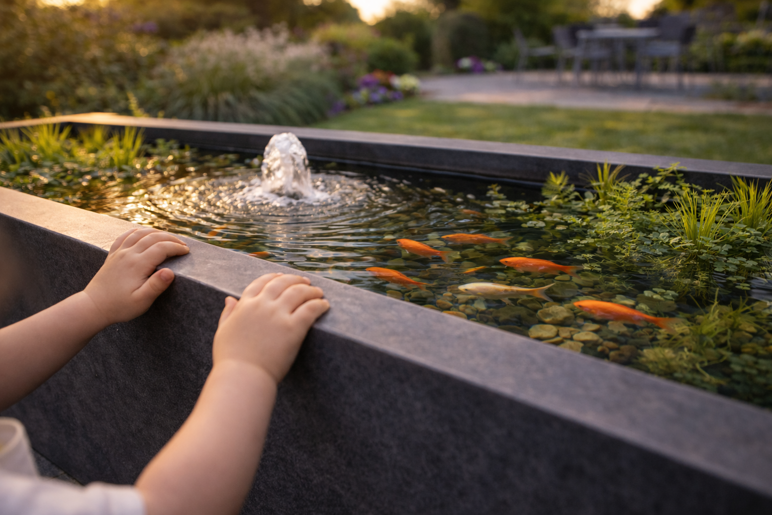 Child's hands touching a garden pond with goldfish