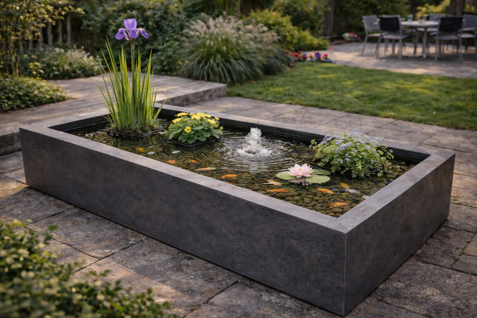 PLINTH raised pond with goldfish swimming between aquatic plants in a garden setting